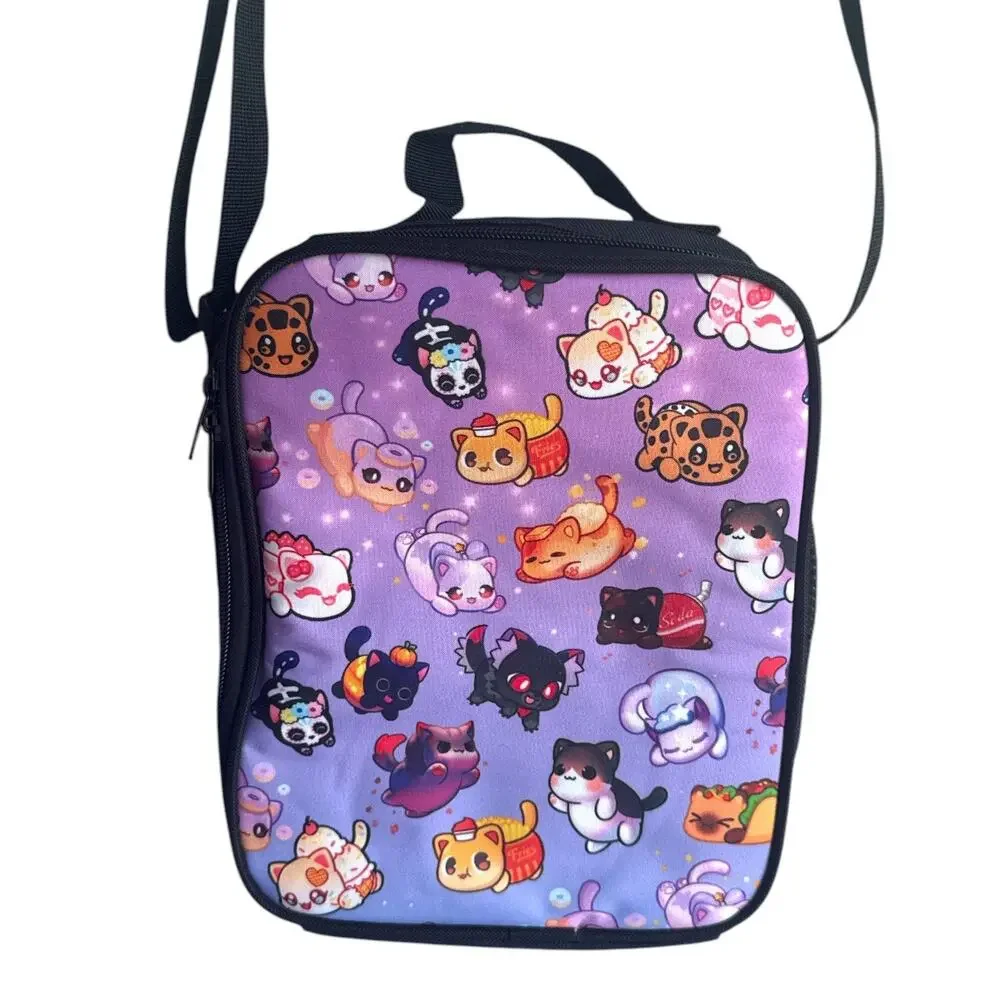 Kawaii Cat Insulated Lunch Bag Purple Crossbody w Matching Pouch New